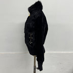 Vintage Y2K Black Plush Rabbit Fur and Velvet Zip-Up Bomber Jacket