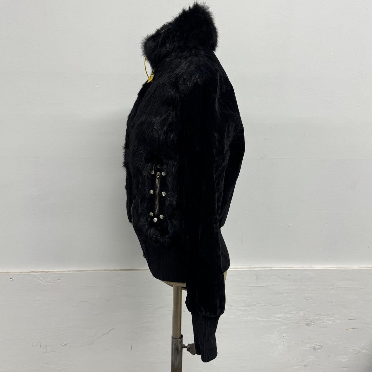 Vintage Y2K Black Plush Rabbit Fur and Velvet Zip-Up Bomber Jacket