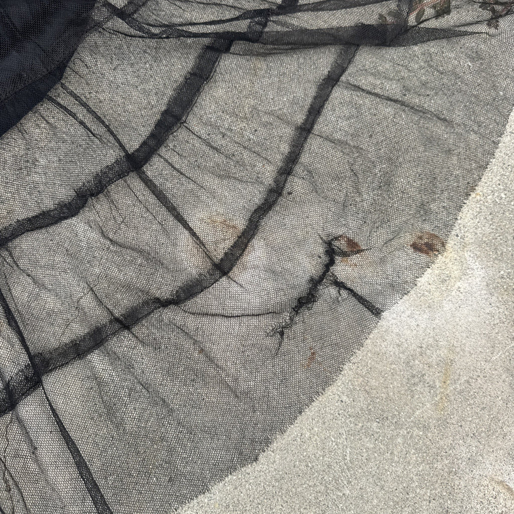 Vintage 1930s Black Mesh Net Gown Ruffles Low Back Bias Cut Art Deco Maxi Dress