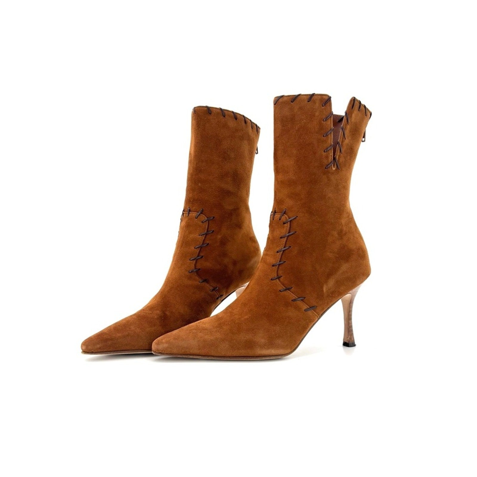 Manolo Blahnik Brown Suede Whipstitch Pointed Toe Mid Calf Heeled Boots 37.5