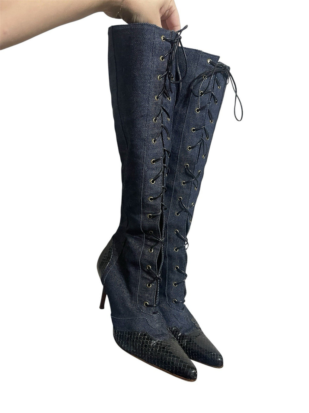 Dior Vintage Y2K Denim & Snakeskin Leather Lace Up Knee High Point Toe Boots