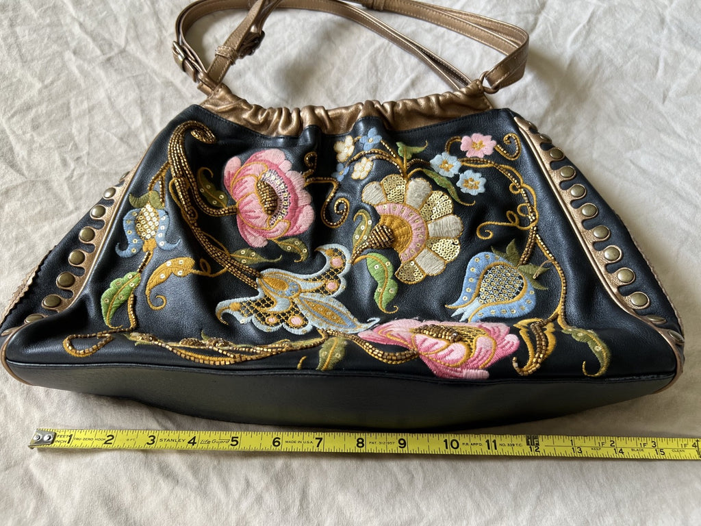 Isabella Fiore Black and Gold Floral Embroidered Leather Shoulder Bag