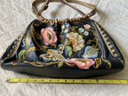 Isabella Fiore Black and Gold Floral Embroidered Leather Shoulder Bag
