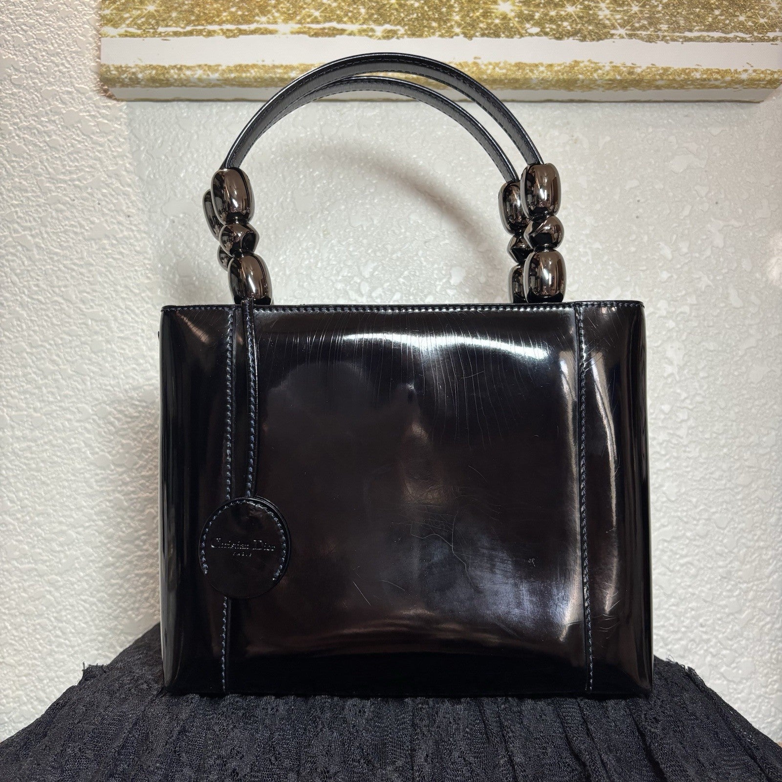 Auth Christian Dior Vintage 1999 Malice Pearl Bag Black Patent Leather Gunmetal