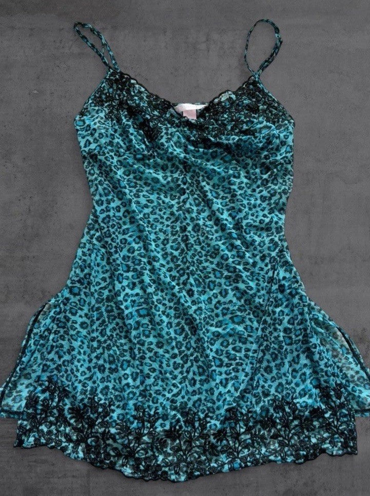 Y2K Victoria’s Secret Blue Leopard Print Lingerie Nightie Slip Dress Size Small