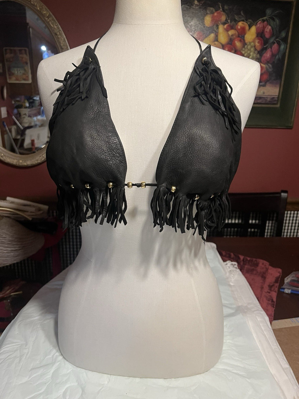 Vtg. 2/ Leather Fringe Halter Tops Black Biker Festival Cowgirl custom-made!!Sm.
