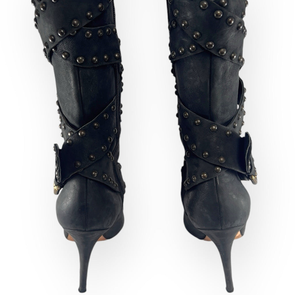 Manolo Blahnik YKK Mid Calf Strap Studded Leather Black Boots Stilettos -  38