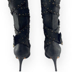Manolo Blahnik YKK Mid Calf Strap Studded Leather Black Boots Stilettos -  38