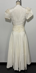 Vintage Late 1930s Ivory Hostess Gown Peignoir-Style Corseted Waist Lace Beaded