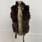 Vintage Y2K Chocolate Leather and Fox Fur Moto Vest