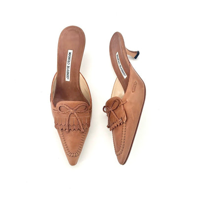 Manolo Blahnik Vintage Bow Fringe Pointed-Toe Kitten Heel Mules