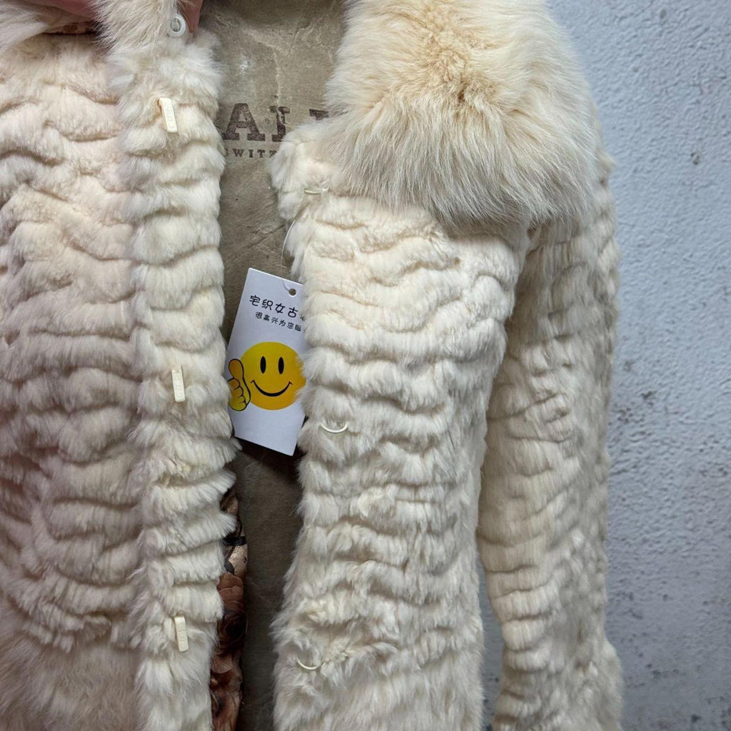 Vintage Y2K Cream Rabbit and Fox Fur Coat