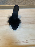 Vintage Frederick's of Hollywood Black Marabou Feather Satin Peep Toe Heel