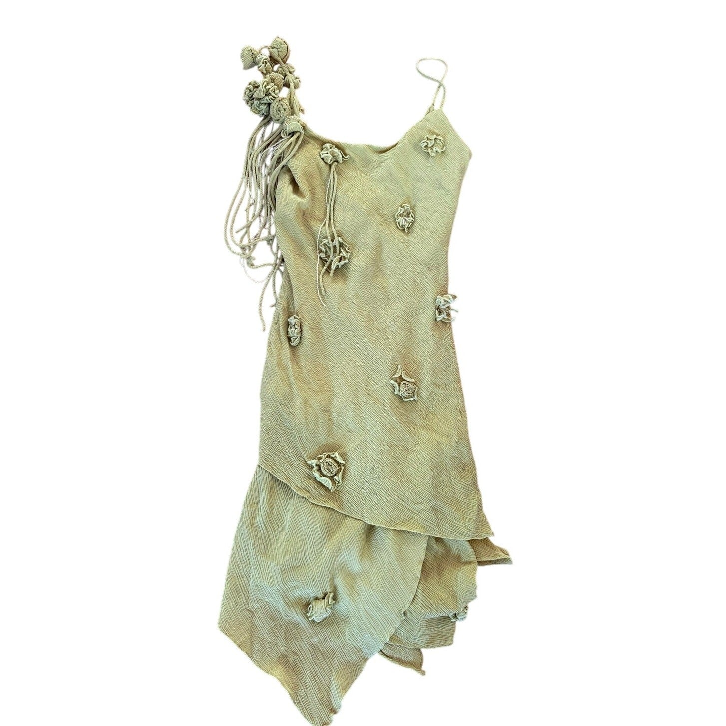 Vintage Cache Green Beaded Rosette Fringe Slip Dress