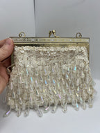 Vintage Evening Bag White/Cream Beaded Clutch Purse W/Chain Handle - Hong Kong