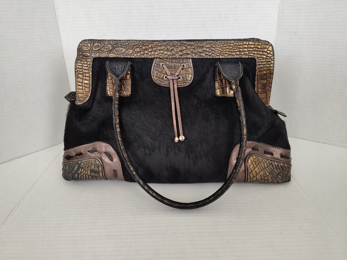 Cavalcanti Italy Black Leather Calf Hair and Cowhide Handbag