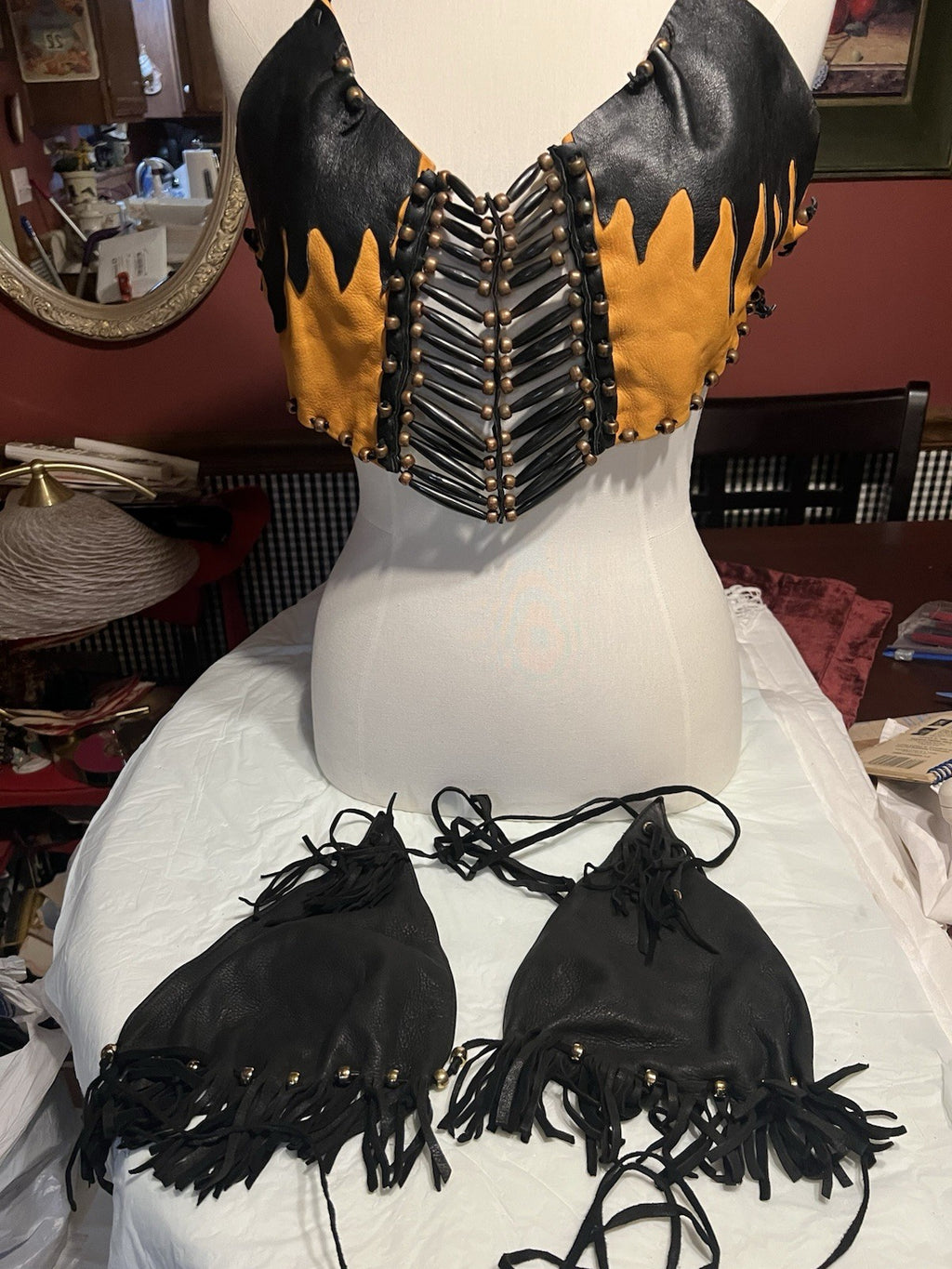 Vtg. 2/ Leather Fringe Halter Tops Black Biker Festival Cowgirl custom-made!!Sm.