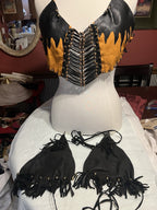 Vtg. 2/ Leather Fringe Halter Tops Black Biker Festival Cowgirl custom-made!!Sm.