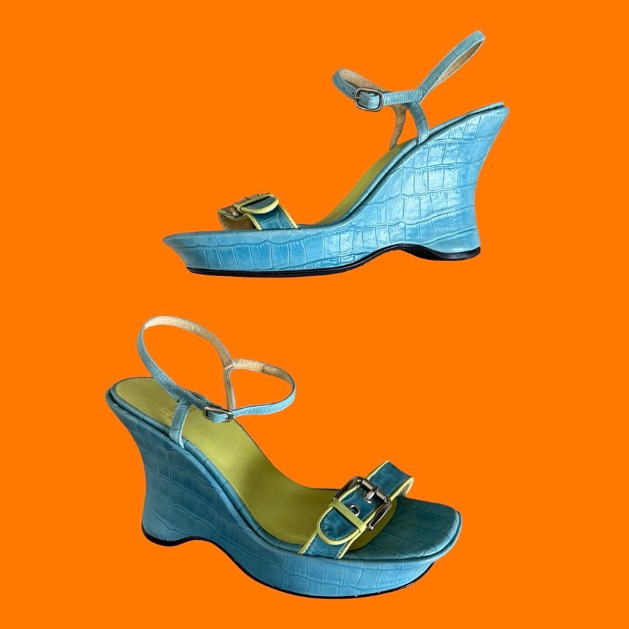 Stuart Weitzman 2000s Y2K Buckle Ankle Strap Wedge Platform US 7.5/8