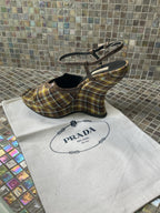 Authentic Prada Plaid  Wedge Platform 100 Vinchy Col Size 37 Brown Leather