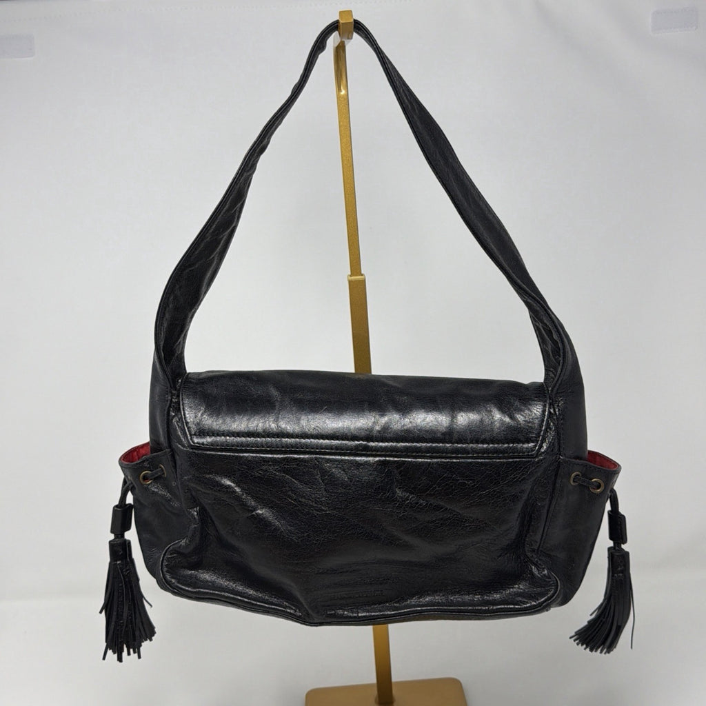 Francesco Biasia Vintage Black Leather Butterfly Embroidered Tassel Boho Bag