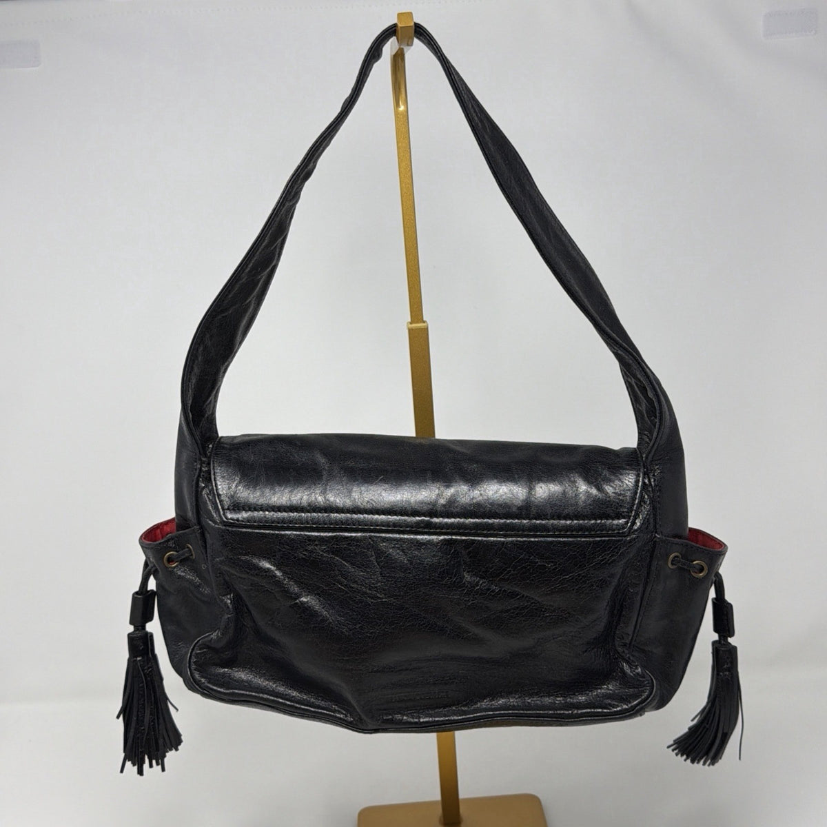 Francesco Biasia Vintage Black Leather Butterfly Embroidered Tassel Boho Bag