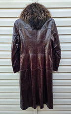 Vintage Long Leather Coat with Removable Fur Collar Brown Women's