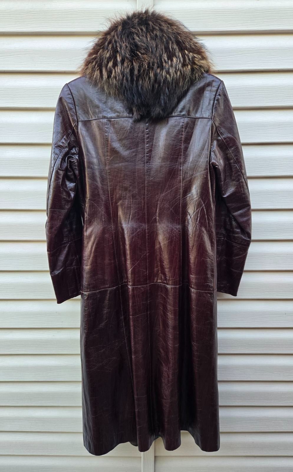 Vintage Long Leather Coat with Removable Fur Collar Brown Women's