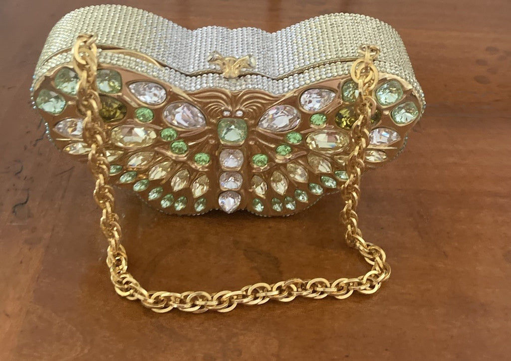 JUDITH LEIBER SWAROVSKI CRYSTAL CELESTRINA GOLD BUTTERFLY BAG MINAUDIERE CLUTCH