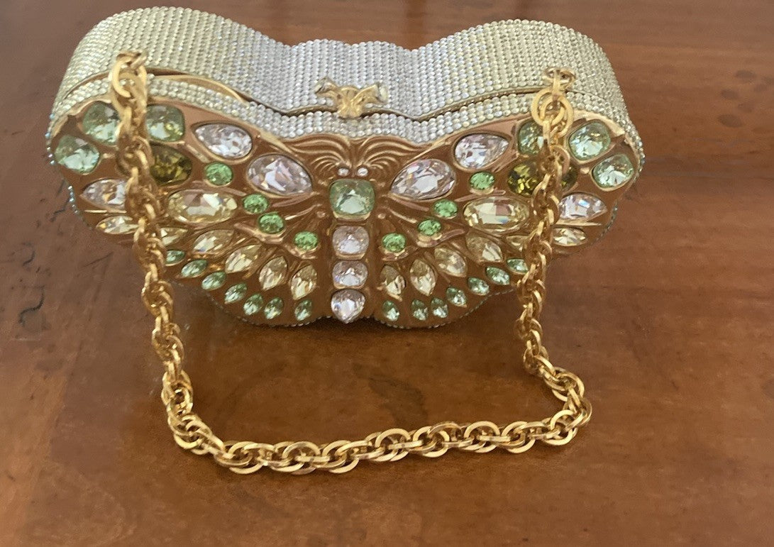 JUDITH LEIBER SWAROVSKI CRYSTAL CELESTRINA GOLD BUTTERFLY BAG MINAUDIERE CLUTCH