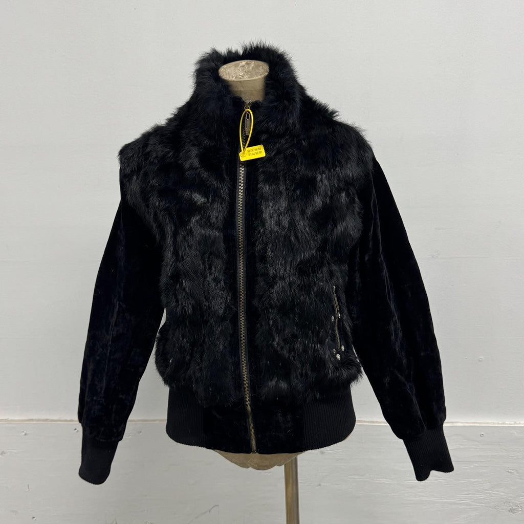 Vintage Y2K Black Plush Rabbit Fur and Velvet Zip-Up Bomber Jacket