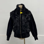 Vintage Y2K Black Plush Rabbit Fur and Velvet Zip-Up Bomber Jacket