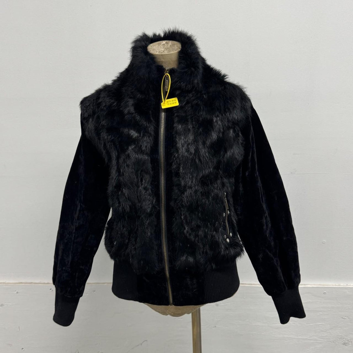 Vintage Y2K Black Plush Rabbit Fur and Velvet Zip-Up Bomber Jacket