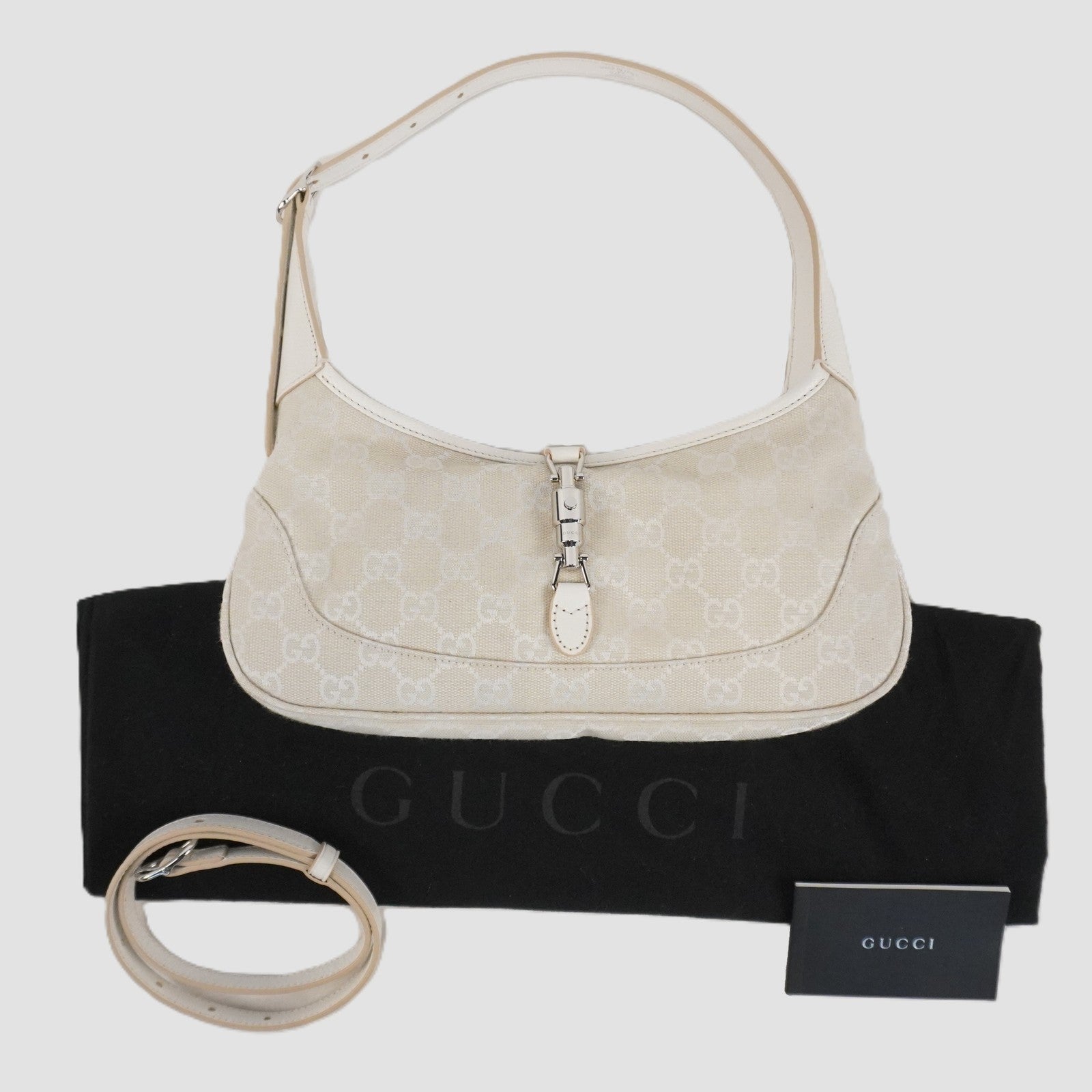 Gucci Jackie Slim Medium Shoulder Bag In Ivory GG Canvas W/ White Leather Trim