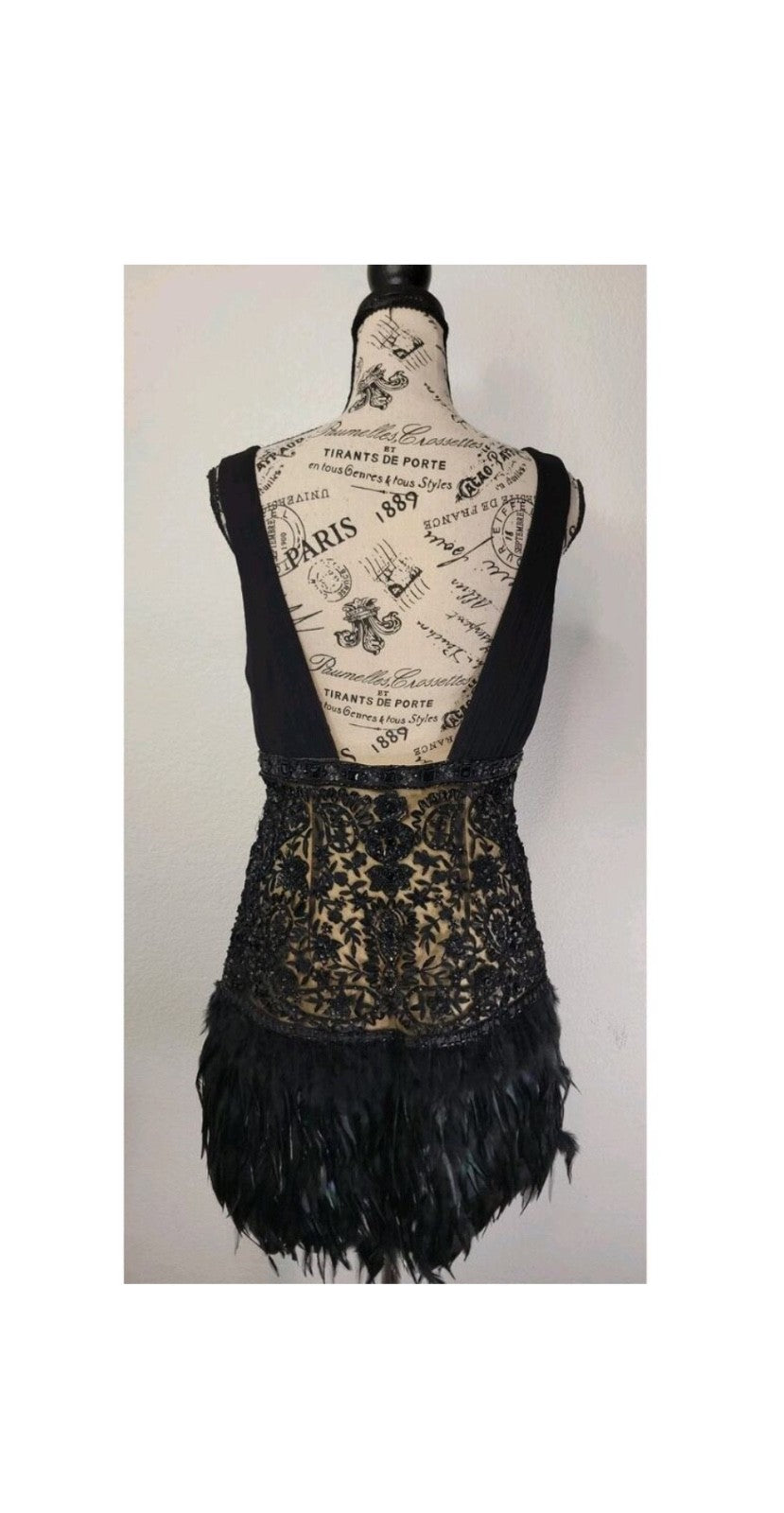 Vintage Sue Wong black mini dress with feather trim on the bottom. Never worn.
