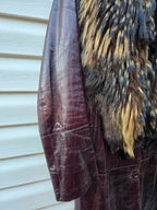 Vintage Long Leather Coat with Removable Fur Collar Brown Women's