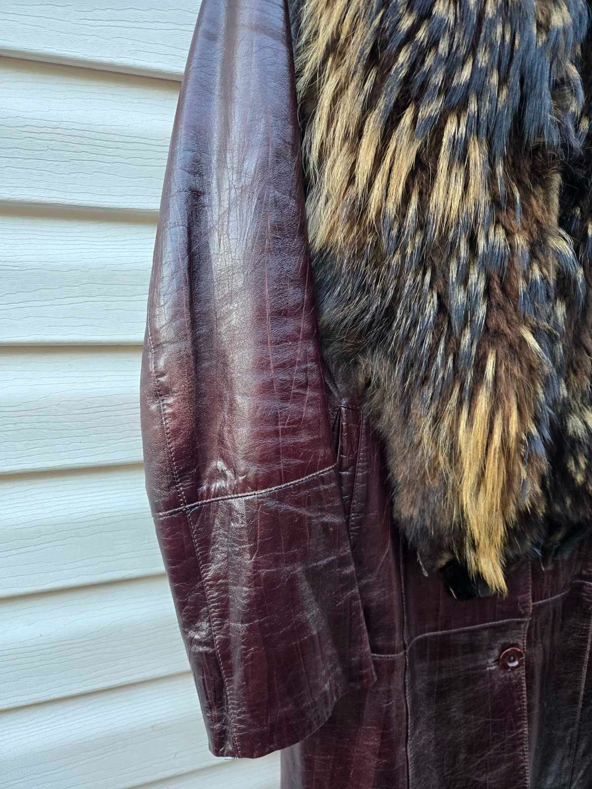 Vintage Long Leather Coat with Removable Fur Collar Brown Women's