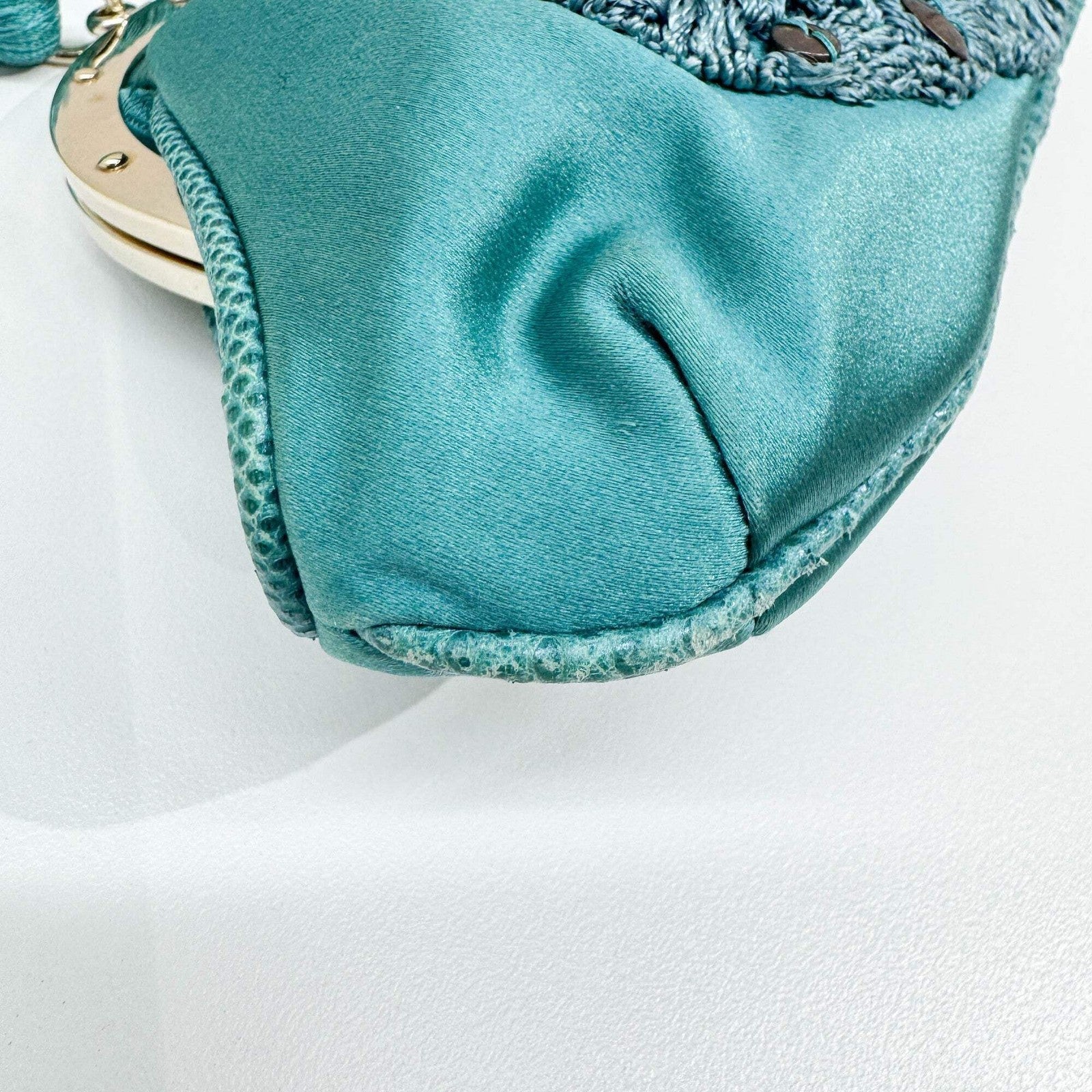 GUCCI Embroidered Teal Satin Hand Bag