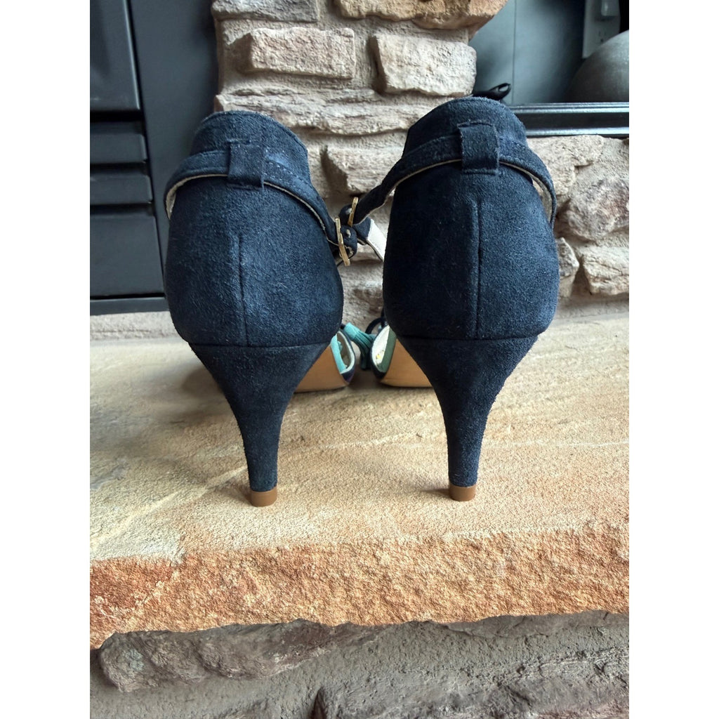 Boden Alice Suede T-Strap Tassel Pointed Toe Pumps Purple Navy Teal EU 37