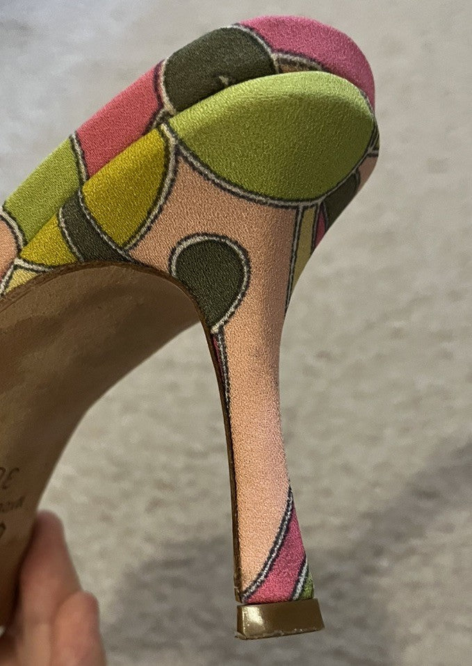 Vintage JIMMY CHOO Green & Pink Open Toe Pucci Print Heels, Made In Italy, 36