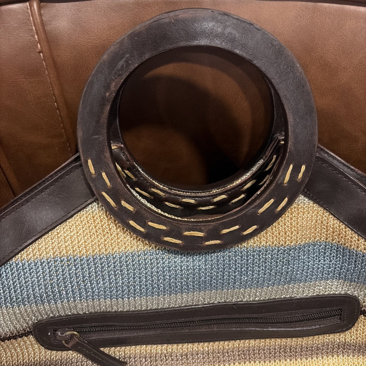 Vintage 1990s Y2K Knit Woven Handle Bag Brown Trim