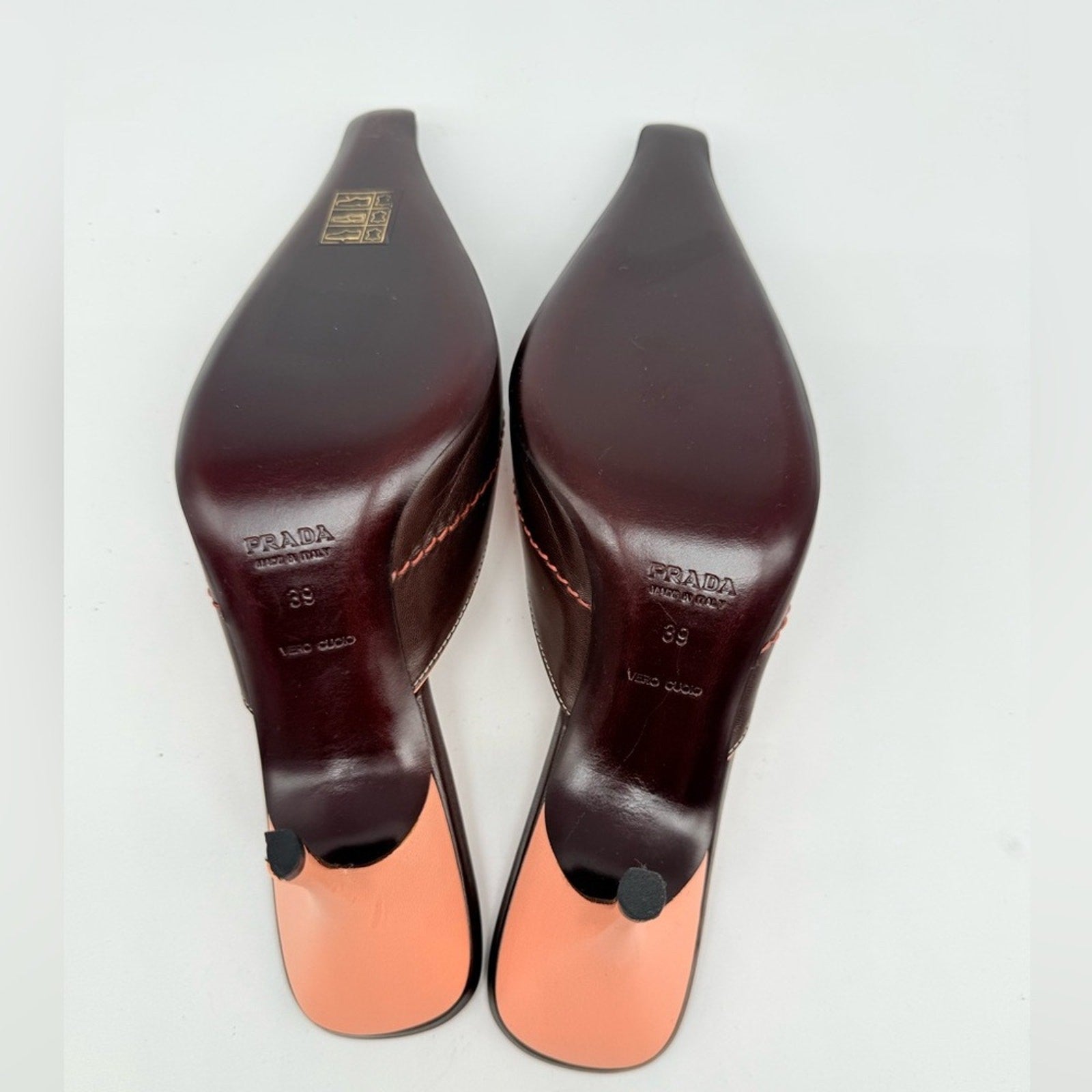 Prada Vintage Dark Brown Pink Bow embellished elongated mules heels EU 39 US 9