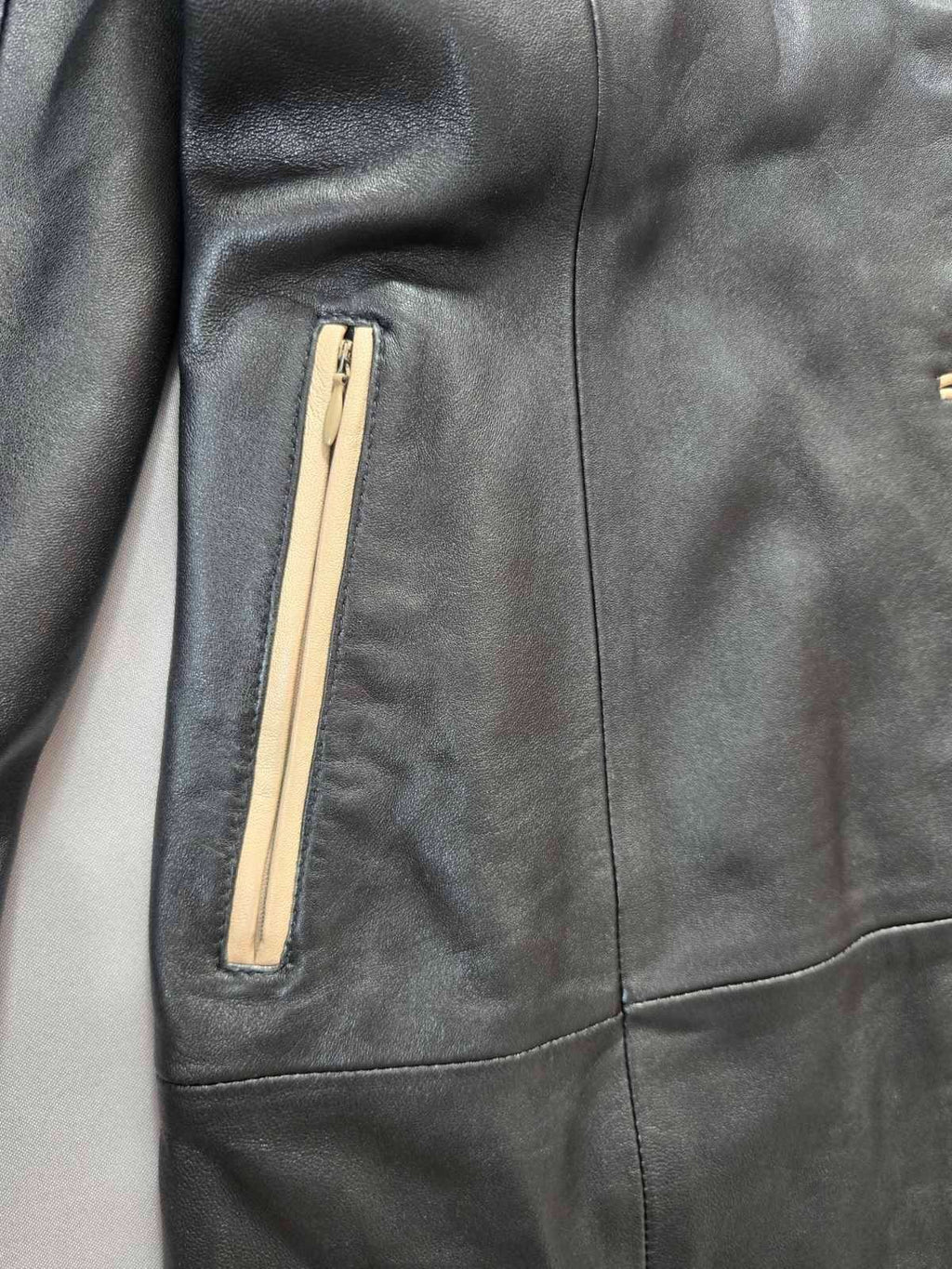 Vintage Y2K Black Leather Coat with Fox Fur Collar and Cuffs