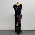 Vintage Y2K Botanical Noir 100% Silk Flutter Sleeve Gown