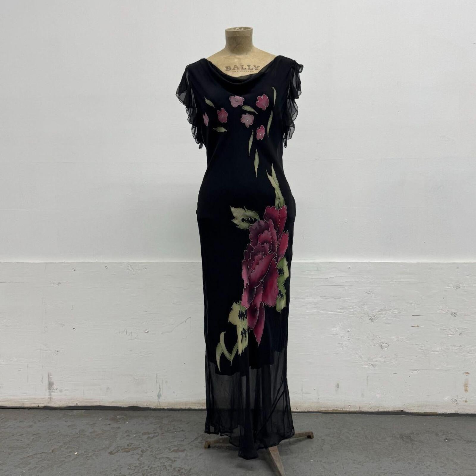 Vintage Y2K Botanical Noir 100% Silk Flutter Sleeve Gown