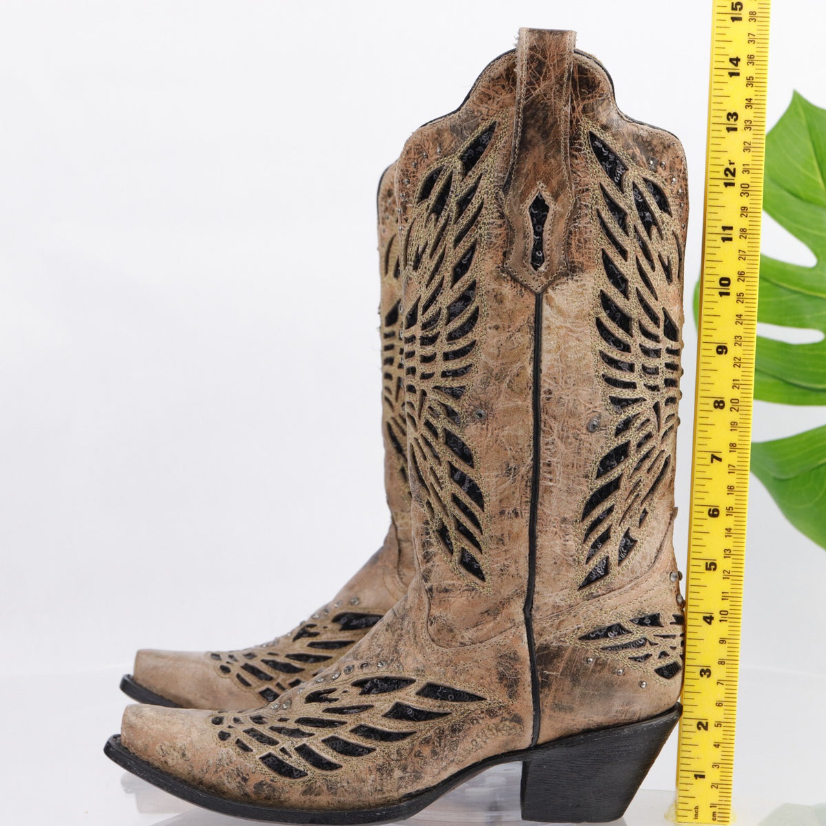 Corral Women's Cowboy Boot Size 8 Sequins Butterfly Distressed Brown Leather