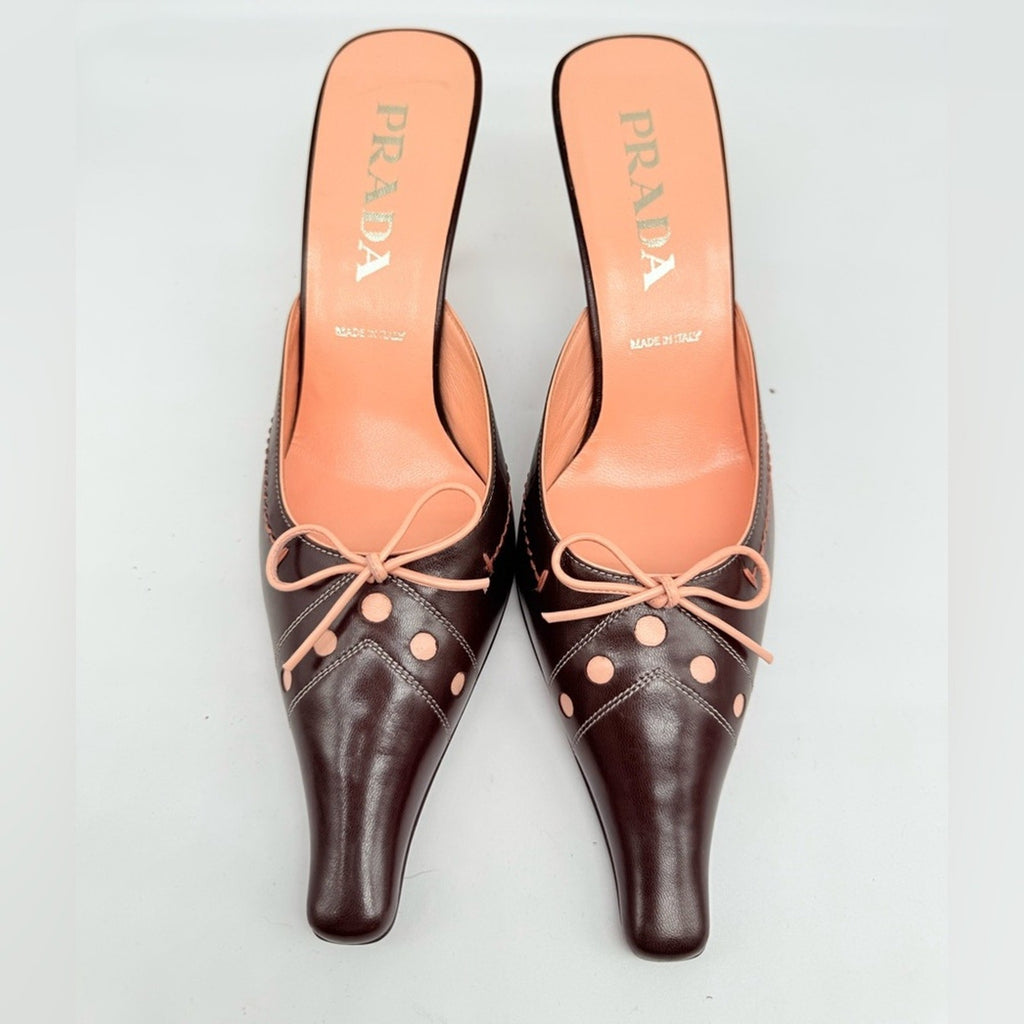 Prada Vintage Dark Brown Pink Bow embellished elongated mules heels EU 39 US 9