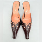 Prada Vintage Dark Brown Pink Bow embellished elongated mules heels EU 39 US 9