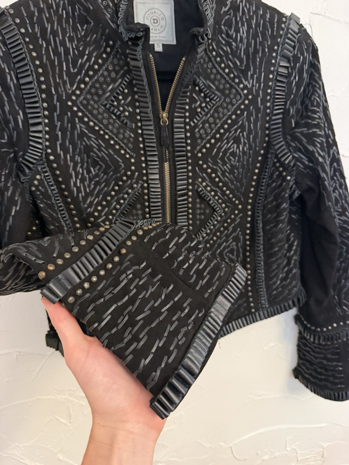 Double D Ranch Studded Leather Suede Jacket in Black, Size S