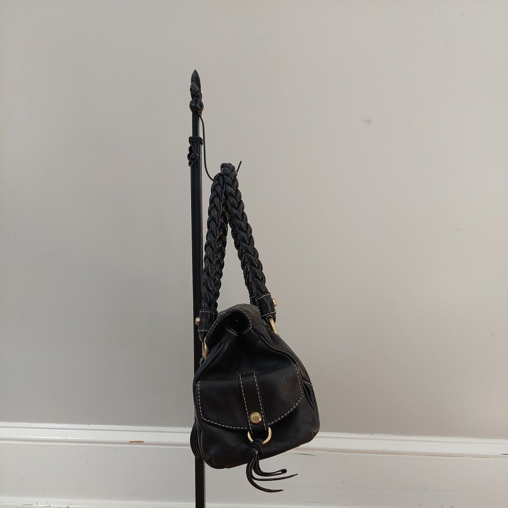 Francesco Biasia Medium Black Leather Shoulder Bag with Braided Top and Double Handles